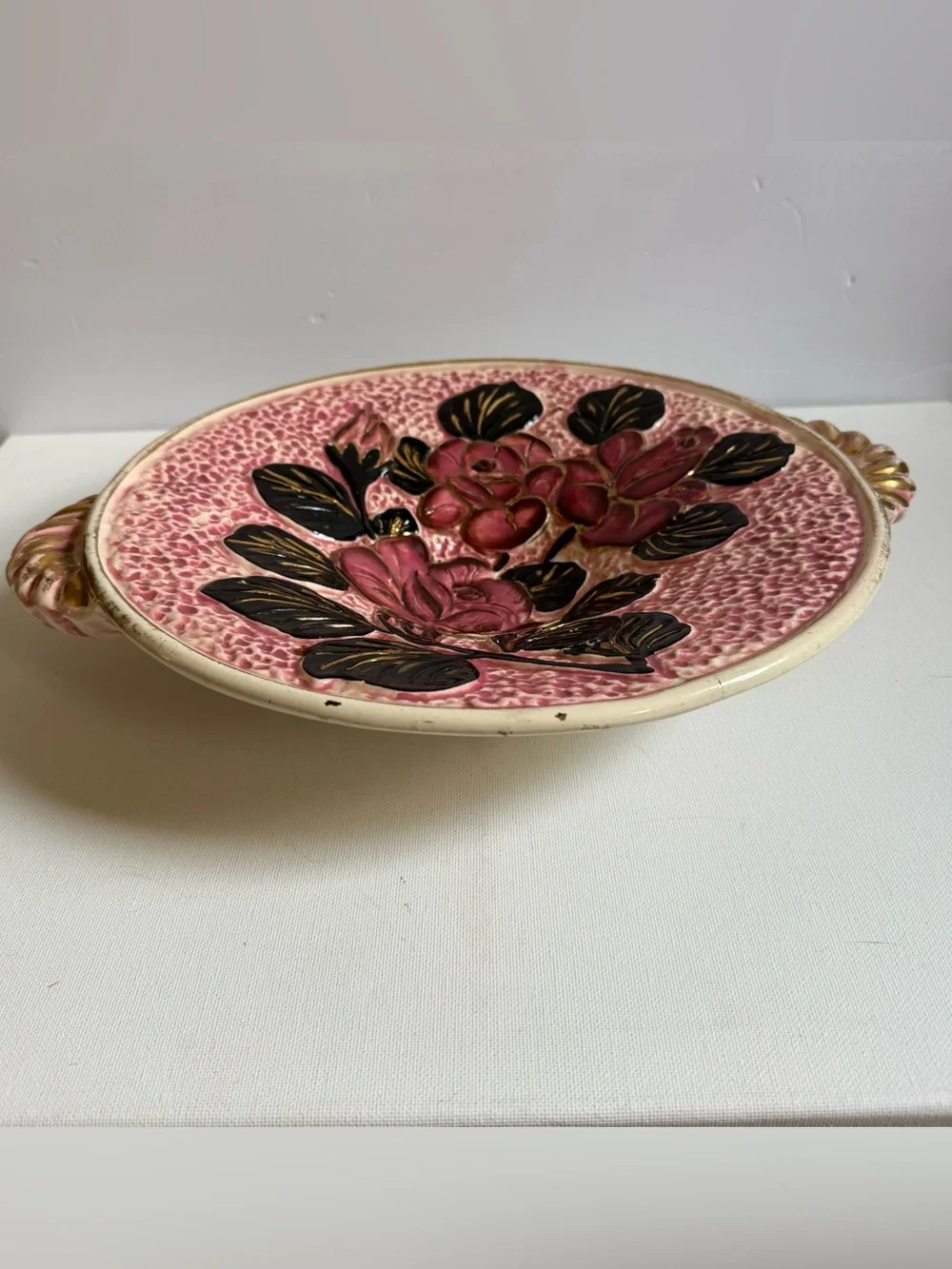 Vtg Vallauris France Majolica Rose Floral Relief Platter MCM Hollywood Regency